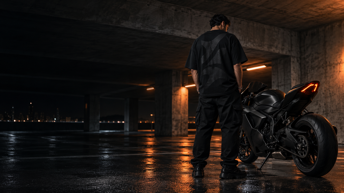 Riven Line rider in a black T-shirt beside a superbike at night