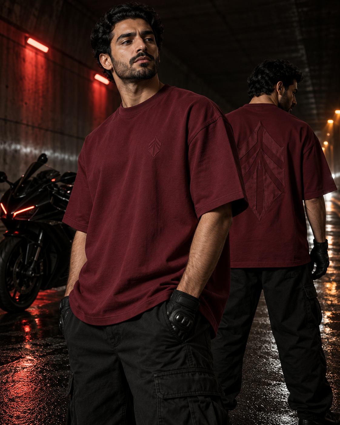 Riven Line Eastern Run deep maroon oversized T-shirt